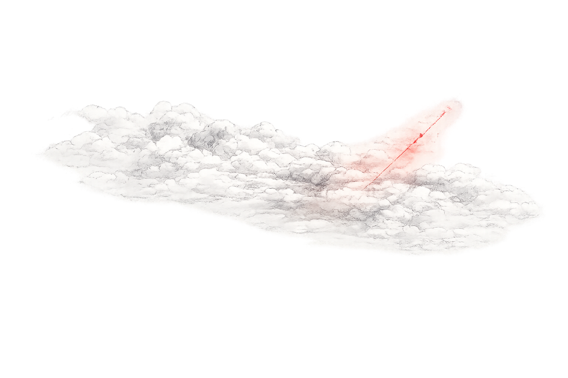 A pencil study of a behavioral field: a dense cloud of on-plan systems, and one trajectory departing in red.